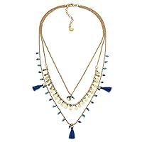 Vestopazzo Brass necklace with three chains mix with tassels in indigo cotton, colored glass microspheres and mini pendants in brass in the shape of a coin.Craftsmanship, unisex.FIS13008, s, Brass,