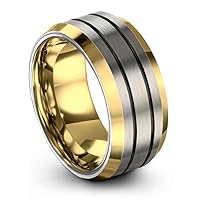 Tungsten Wedding Band Ring 8mm for Men Women Bevel Edge Grey 18K Yellow Gold Black Double Line Brushed Polished
