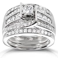 Kobelli Princess Diamond Wedding Ring Set 1 1/10 Carat (ctw) in 14K White Gold (3 Piece Set)