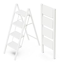 4 Step Ladder, Folding Step Stool with Wide Pedals, Sturdy Steel Ladders with Anti-Slip Feet, Compact Kitchen Stepping Stool, Supports up to 330 lbs - White
