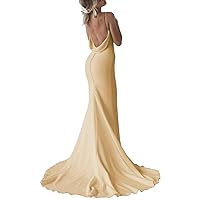Women's Mermaid Prom Dresses V Neck Spaghetti Straps Satin Wedding Dress Long Backless Formal Evening Party Gown with Train