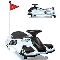 24V Ride on Drift Car,7Ah Battery 180W Brushless Motor Kids Electric Drifting Go-Kart for Rider up to 110 lbs, with Music,Front+Tail LED Light,Low-Power Alarm (White)