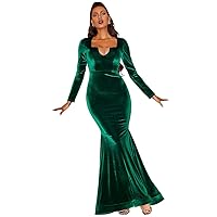 Lin Lin Q Women’s Formal Velvet V Neck Mermaid Maxi Homecoming Dress, Bodycon Long Sleeve Party Gown