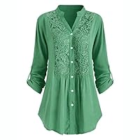 Women's Half Zipper V Neck 3/4 Roll Sleeve Blouse Summer Chiffon Shirt Casual Tunic Top Office Work Wear