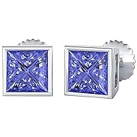 Princess Cut Created Tanzanite 14K White Gold Plated 925 Sterling Silver Fashion Four Bezel Setting Stud Earrings Great Gift for Any Occasion For Womens Girls (4MM To 10 MM)