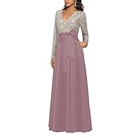 Sparkle Sequined V Neck Wedding Guest Dress for Women Long Sleeve Shine Mother of The Bride Dress with Bow LS011