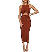 Pink Queen Women's Crew Neck Sleeveless Cutout Twist Ruched Slit Tie Back Ribbed Bodycon Midi Dress