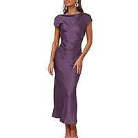 2023 Satin Cap Sleeve Cowl Back Summer Dresses for Women Elegant Ruched Waist Wedding Guest Midi Dress