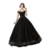 Women's Long Fluffy Quinceanera Dress Off Shoulder Wedding Gown Dresses Black