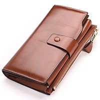 Anti -Magnetic Leather Retro Oil Leather Wallet Women's Long Card Position Zipper Buckle Ladies Holding Bags Handbags (Color : Brown)