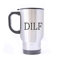 Travel Mug DILF Stainless Steel Mug With Handle Warm Hands Travel Coffee/Tea/Water Mug, Silver Family Friends Birthday Gifts 14 oz