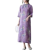 Thin Soft Cotton Linen Purple Chinese Style Cozy Summer Dress Robes Cheongsam Plus Size Women Casual
