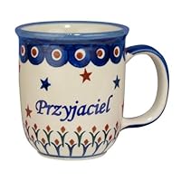 Polart Polish Boleslawiec Pottery 12oz Mug - word PRZYJACIEL on one side and FRIEND (Male) on the other