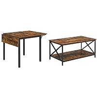 VASAGLE Folding Dining Table, Drop Leaf Extendable, Seats 2-4 People, Industrial, 33.3 x 30.7 x 30 Inches,Brown & Coffee Table, Cocktail Table, 39.4 x 21.7 x 17.7 Inches, Rustic Brown and Black