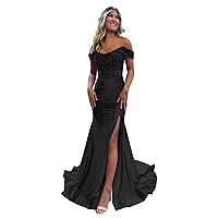 Mermaid Off Shoulder Prom Dresses for Women 2023 Split Sparkly Sequin Long Formal Evening Party Gowns with Train FL0090