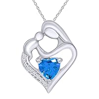 Simulated Birthstone & White Natural Diamond Accent Mother & Child Heart Pendant Necklace In 14k White Gold Over Sterling Silver (1 1/10 Cttw)