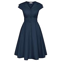 Belle Poque Womens 1940s Vintage Dress Collar V Neck Button Down Dress Cap Sleeve Dress with Pockets