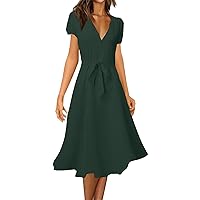 Summer Dresses for Women 2024 Solid Color Simple Classic Casual with Waistband Short Sleeve Deep V Neck Dress