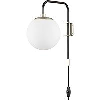 Linea di Liara Caserti Brushed Nickel Plug in Wall Sconce Wall Lighting Modern Frosted Glass Globe Plug Wall Lamp with Plug in Cord Swing Arm Wall Mounted Bedside Lamp with On/Off Switch Wall Light