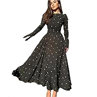 Lace Up Dress Women' Round Neck Waist Chic Printed Fall Elegant Long Sleeve Pleated Party