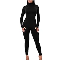 Women's Sexy Long Sleeve Turtleneck Jumpsuits Bodycon Back Zipper High Waist Full Length One Piece Casual Club Rompers