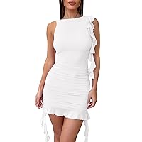 Zwurew Women's Bodycon Mini Dress Summer Sleeveless Ruched Mesh Ruffled Hem Club Party Dresses