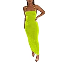 Women Sexy Backless Dress Bodycon Sleeveless Open Back Maxi Dress Out Elegant Party Cocktail Long Dress(Yellow,Large)