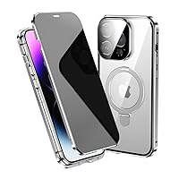 Anti-Peeping Case for iPhone 14 Pro Max Case Magnetic Ring Stand Compatible with Magsafe Wireless Charging Privacy Screen Camera Lens Protector 360 Full Body Protection (14ProMax, Silver)
