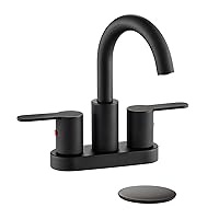 Matte Black Two Handle Centerset Bathroom Sink Faucet with Pop up Drain, High Arc Modern 4 Inch Bathroom Vanity Lavatory Faucet 3 Holes with Brass 360° Swivel Spout, TAF067E-MB