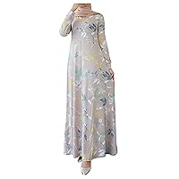 Women's Retro Kaftan Abaya Dress Muslim Long Sleeve Crew Neck Split Maxi Dress Islamic Arab Jilbab with Pockets