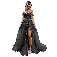 Women's Tulle Prom Dresses Lace Appliques Long Ball Gowns Strapless High Split Evening Dresses 2024