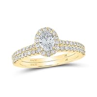 Solid 14K Yellow Gold Oval Real Natural Diamond Halo Bridal Matching Engagement Ring Wedding Band Set 1 Carat (1.09 Cttw)