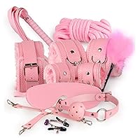 13PCS S&M Kit Alternative Flirting Sex Toys Plush Leather Bed Restraints Handcuffs Mask Whip Clips Rope SM Tools (Pink)