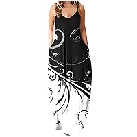 Women Sexy V Neck Spaghetti Strap Casual Maxi Dress Summer Fashion Print Sleeveless Long Cami Dresses with Pockets