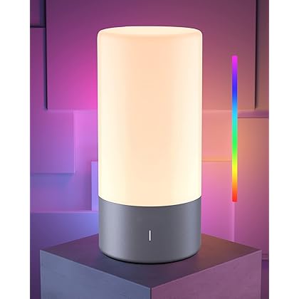 Table Lamp, [Advanced] Bedside Touch Control Lamp for Bedroom 3 Level Dimmable Warm White Lights with 256 RGB Color Mode Modern Design Smart Nightstand Desktop LED Lamps Portable for Read