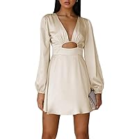 Women's Satin Long Sleeve Cut Out Mini Dress Silk Lantern Sleeve V Neck A-line Sexy Cocktail Short Dress for 2023…