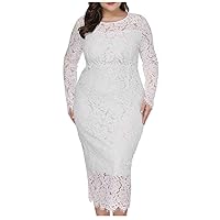 Womens Plus Size Midi Lace Dress Elegant Long Sleeve Bodycon Pencil Dress Wedding Guest Dresses Evening Cocktail Dress