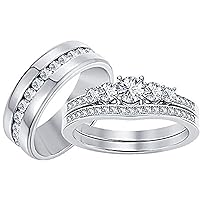 Bridal Her Engagement Ring And His Her Wedding Band 5 Stone Round Cut D/VVS1 Diamond Trio Ring Set 14K White Gold Over 925 Sterling Silver