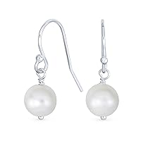 Classic White Round 8MM Freshwater Cultured Pearl Drop Dangle Bead Ball Earrings For Women 14K Gold Plated .925 Sterling Silver French Fish Hook