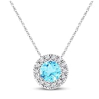 0.50 CT Round Created Blue Topaz & Diamond Pendant Necklace 14K White Gold Finish