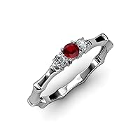 Ruby with Side Diamond (SI2-I1, G-H) 3 Stone Bamboo Ring 0.30 ct tw in 925 Sterling Silver