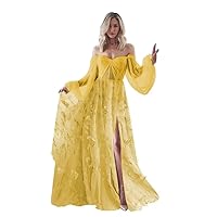 CWOAPO Butterfly Off Shoulder Long Sleeve Prom Dresses Corset Tulle Wedding Dress Sweetheart Ball Gowns with Split Gown