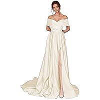 Women's Off The Shoulder Prom Dresses Satin A Line Formal Evening Ball Gowns with Pockets