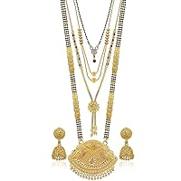 Aleafa Armlet Presents Traditional One Gram Gold Plated Combo of 4 Necklace Pendant 30 Inch Long and 18 Inch Short Mangalsutra/Tanmaniya/Nallapusalu with 1 Pair of #Aport-1376