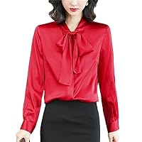 Real Silk Women's Satin Shirt Bow Blouses Loose Tops Long Sleeve Woman Blouse Office Lady Work Shirts Spring Summer