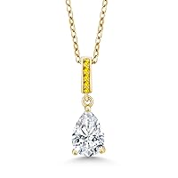 Gem Stone King 18K Yellow Gold Plated Silver White Moissanite and Simulated Yellow Sapphire Pendant Necklace For Women (1.37 Cttw, Gemstone Birthstone, Pear Shape 9X6MM, with 18 Inch Silver Chain)