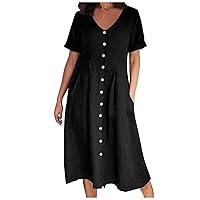 Women's Cotton Linen Dress Summer Casual Short Sleeve Tshirt Dresses Button Down V Neck Swing Dress with Pockets