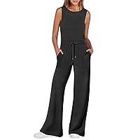 Jumpsuits for Women 2024 Women's Summer Sleeveless Tank Jumpsuits High Waist Loose Casual Crew Neck Flare Long Pants Rompers