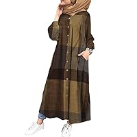 Retro Check Shirt Dress Women's Autumn Sundress Casual Muslim Abaya Dresses Female Button Maxi Vestidos Plus Size
