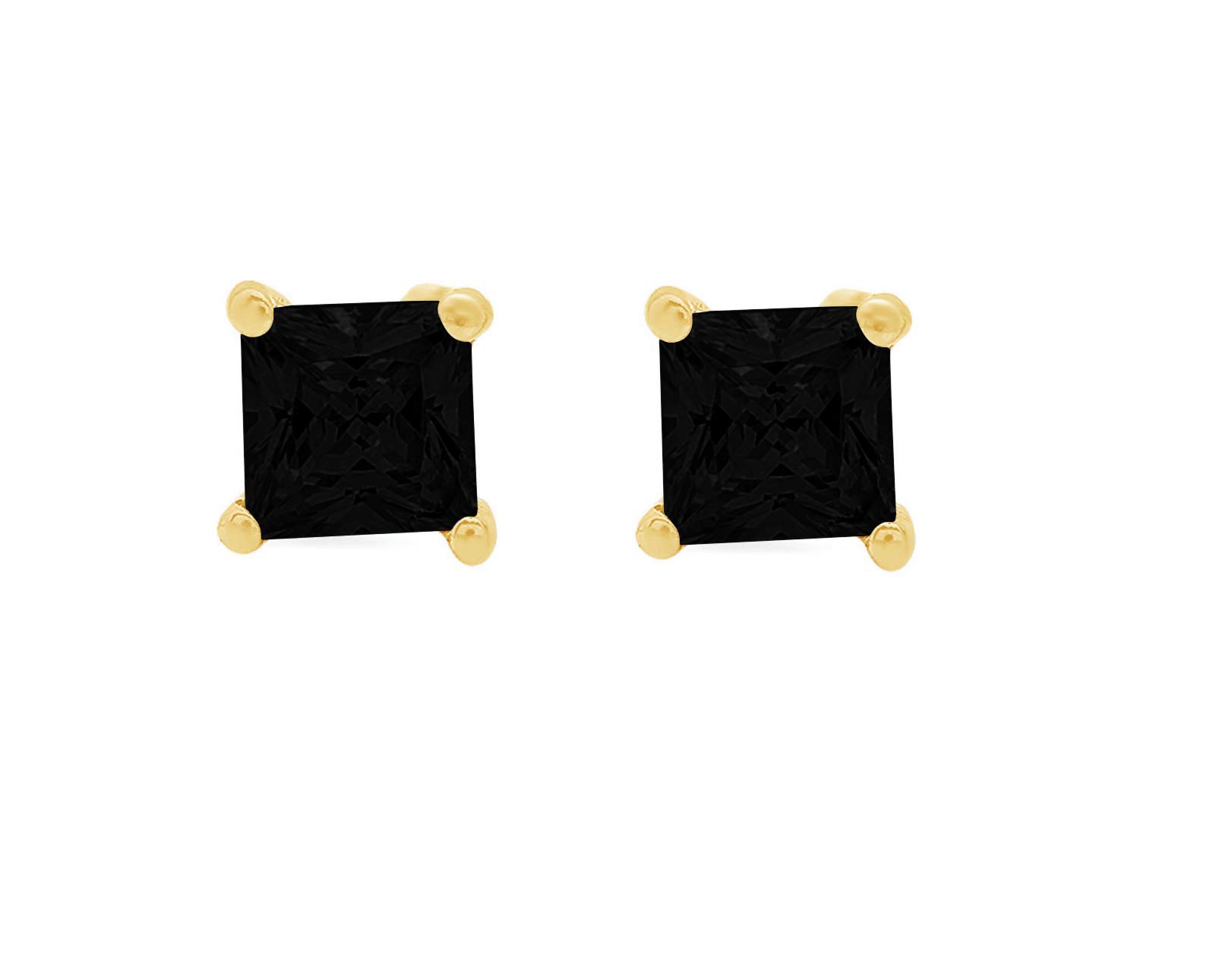 0.4ct Brilliant Princess Cut Solitaire Flawless Genuine Natural Black Onyx Gemstone Unisex Pair of Stud Designer Earrings Solid 14k Yellow Gold Screw Back conflict free Jewelry